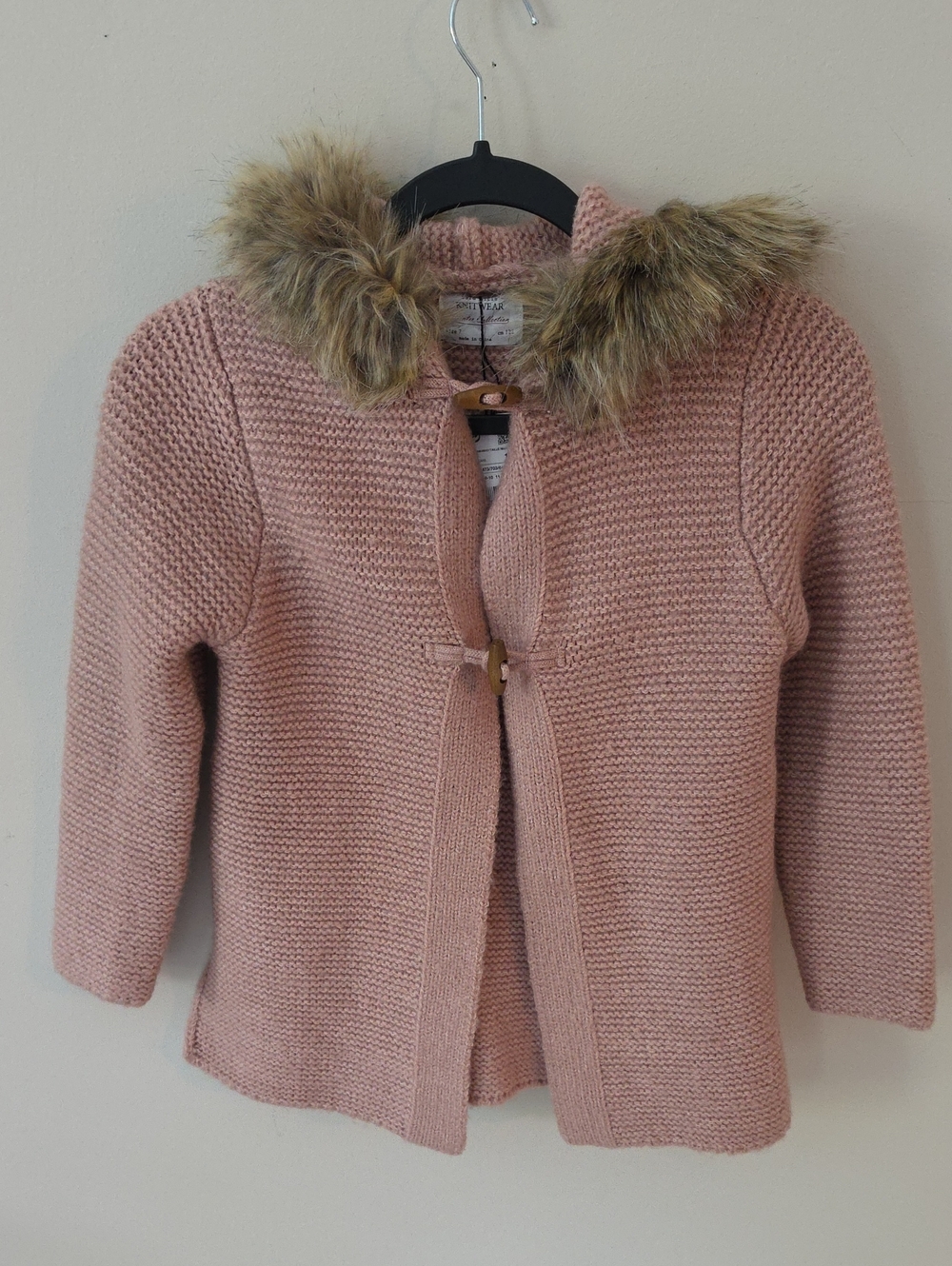 Zara Girls' Pink Knit Hooded Coat Sweater with Faux Fur Trim Brand New